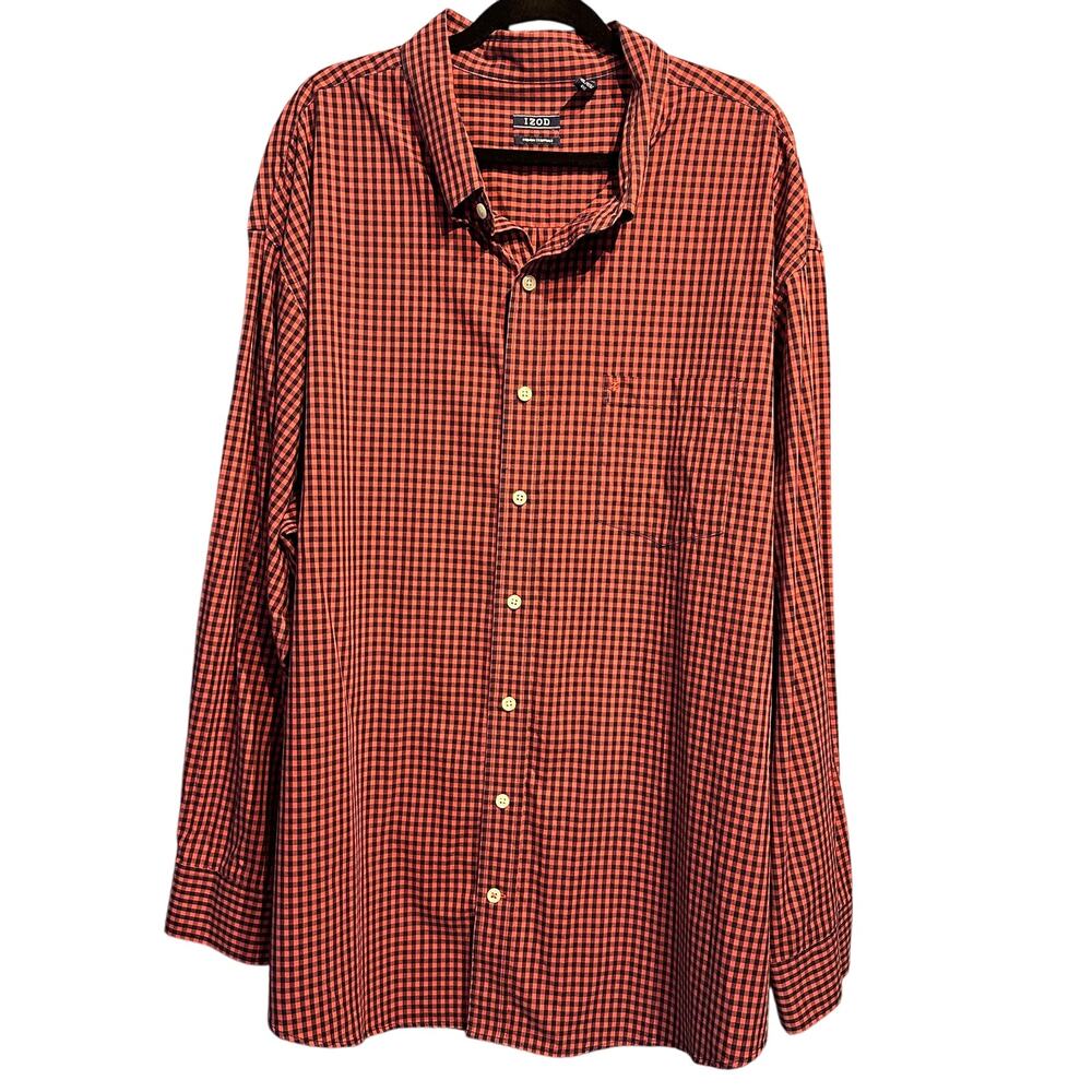 IZOD Size 4XL Long Sleeve Button Down Coral Navy Plaid Checkered Business Casual